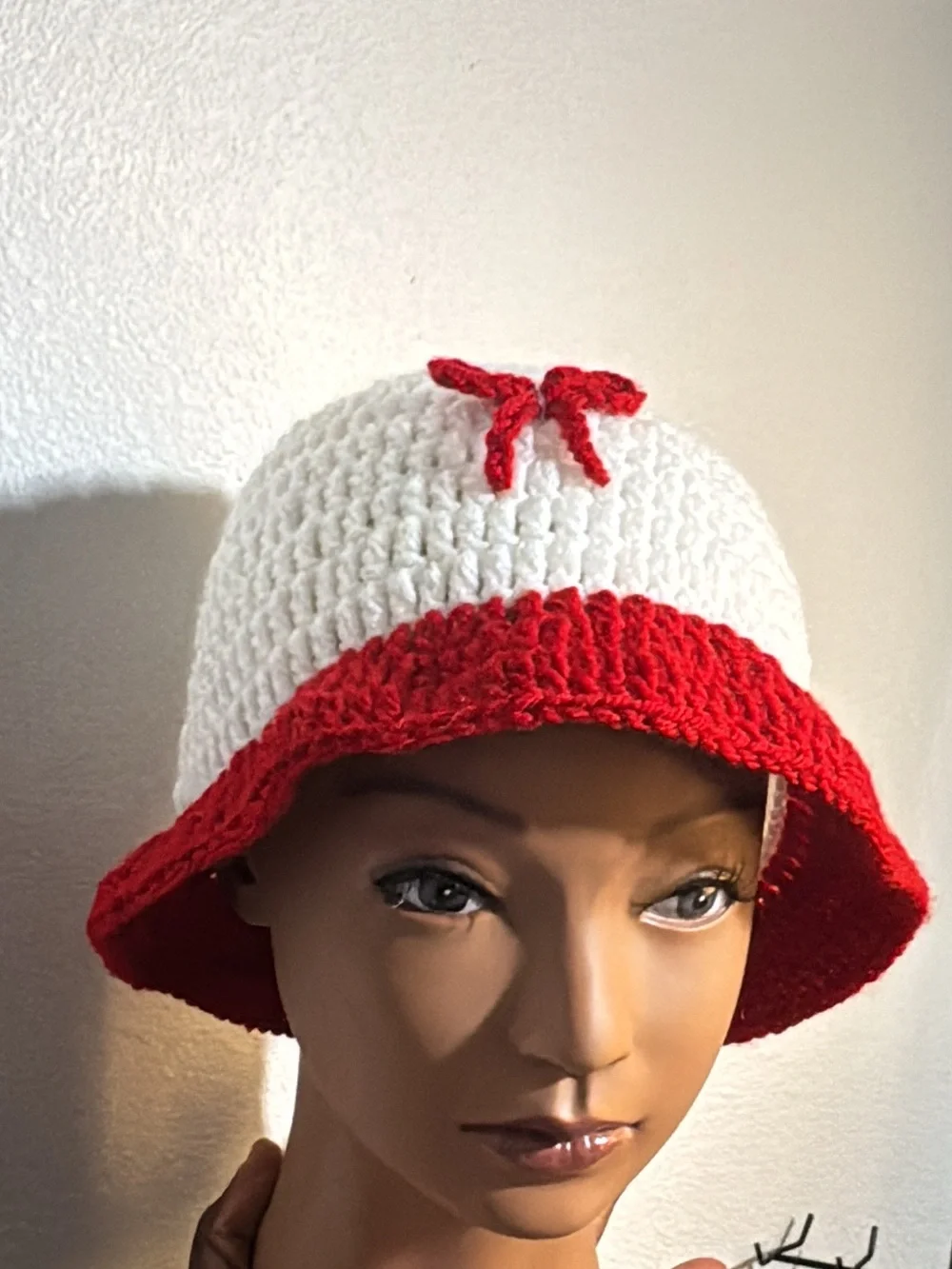 Kids Crochet White and Red Bucket Hat with Bow